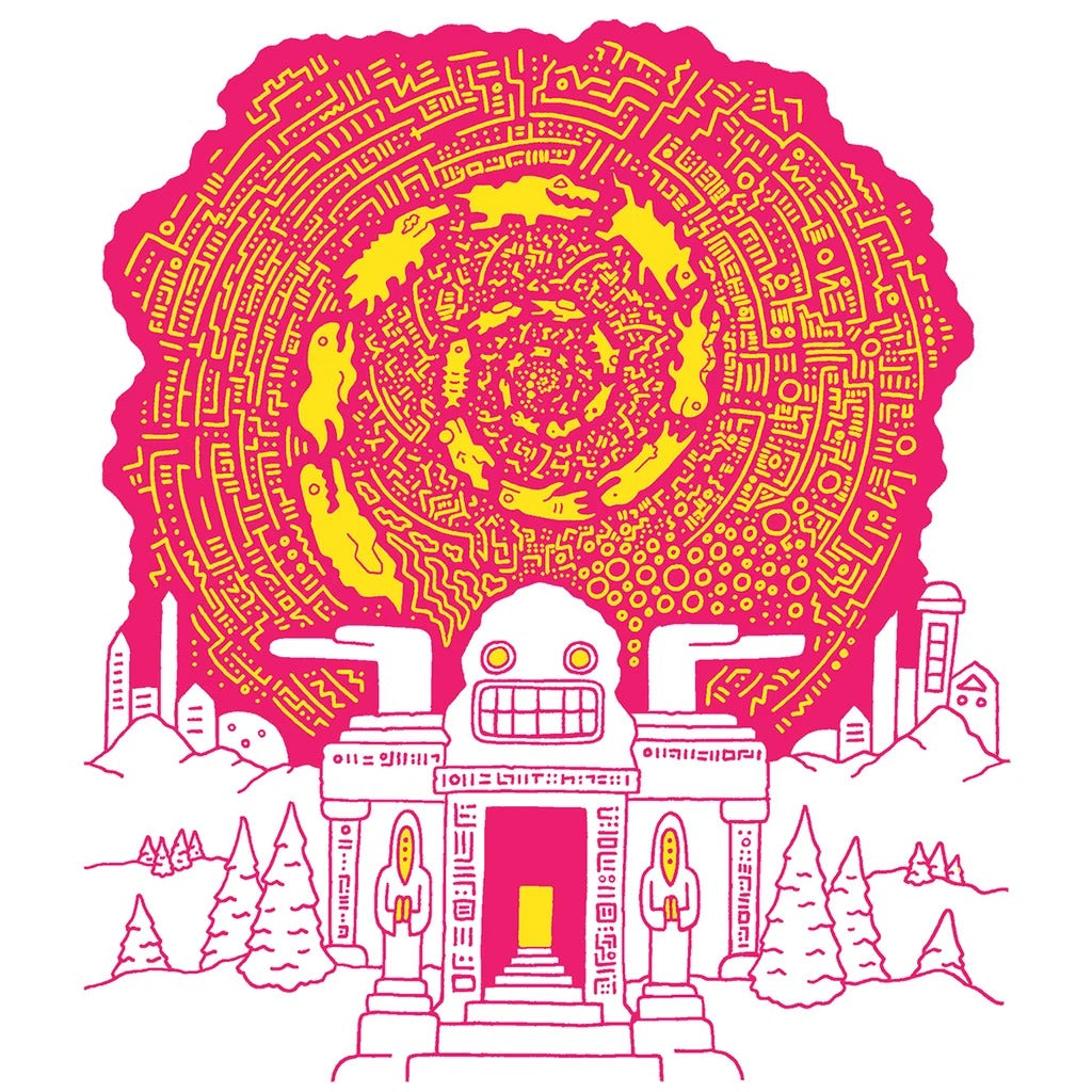 Brandywine Coffee artwork. A pink and yellow maze sun with animals, over a robot temple, mountains, and pine trees.