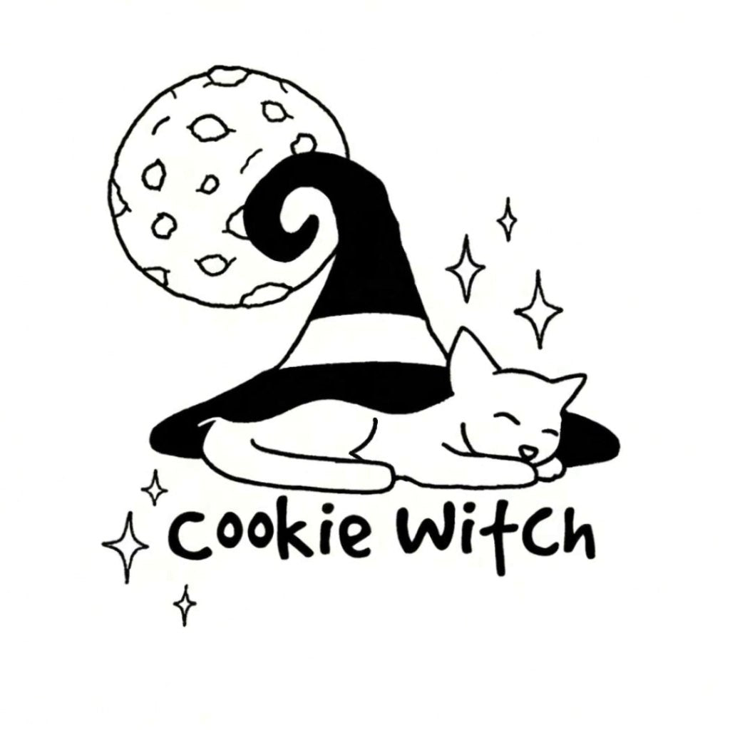 Cookie Witch logo. A cat sleeps in a striped witch hat beside a chocolate chip cookie, with the words Cookie Witch.