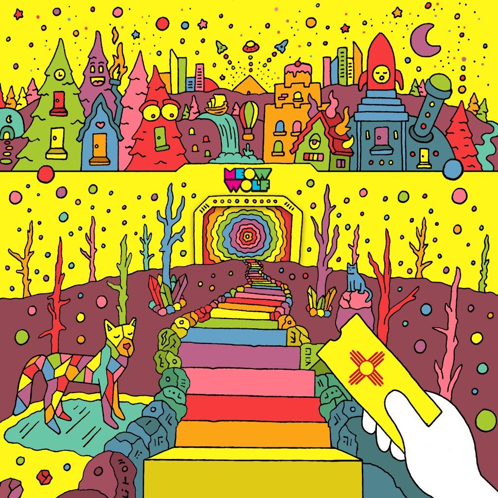 A rainbow staircase leads into a portal marked Meow Wolf. A hand holds a yellow ticket with the Zia sun. A stained-glass wolf stands to the left.