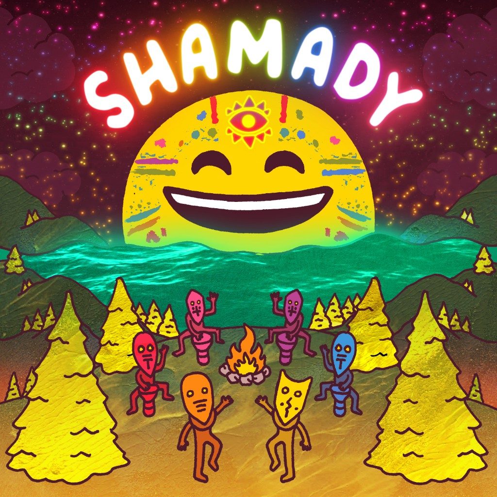Album art for Shamady. A huge smiling sun with an eye in its forehead rises over figures dancing around a campfire.
